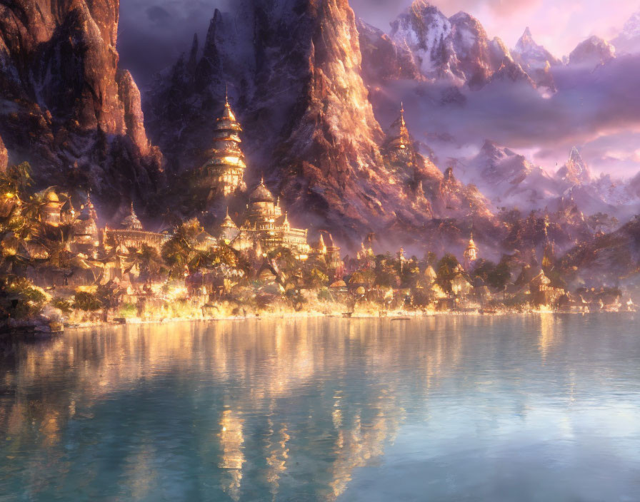 Fantasy landscape with illuminated pagodas by serene lake