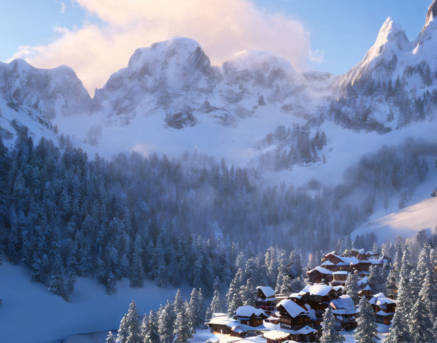 Snow-covered chalets in serene winter mountain landscape