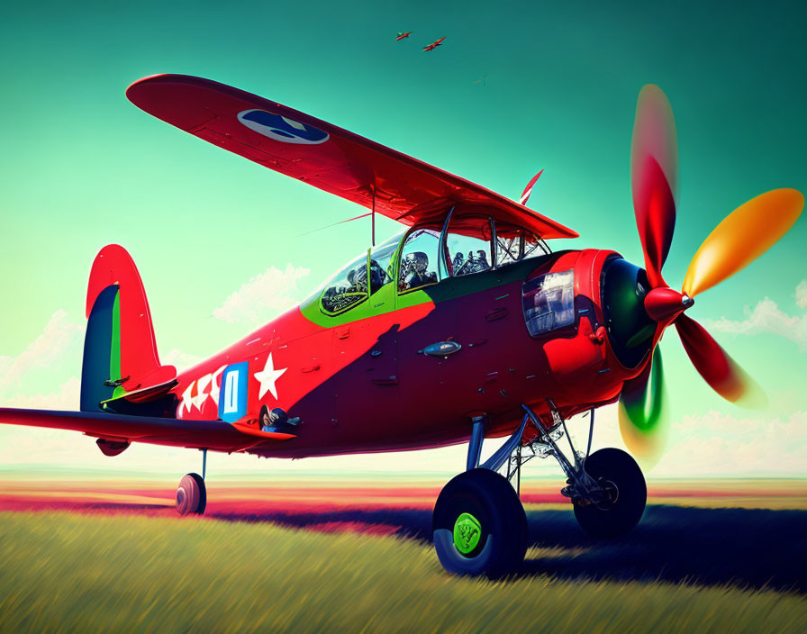 Vintage Red Airplane with Star Emblem and Number 40 on Grass Field