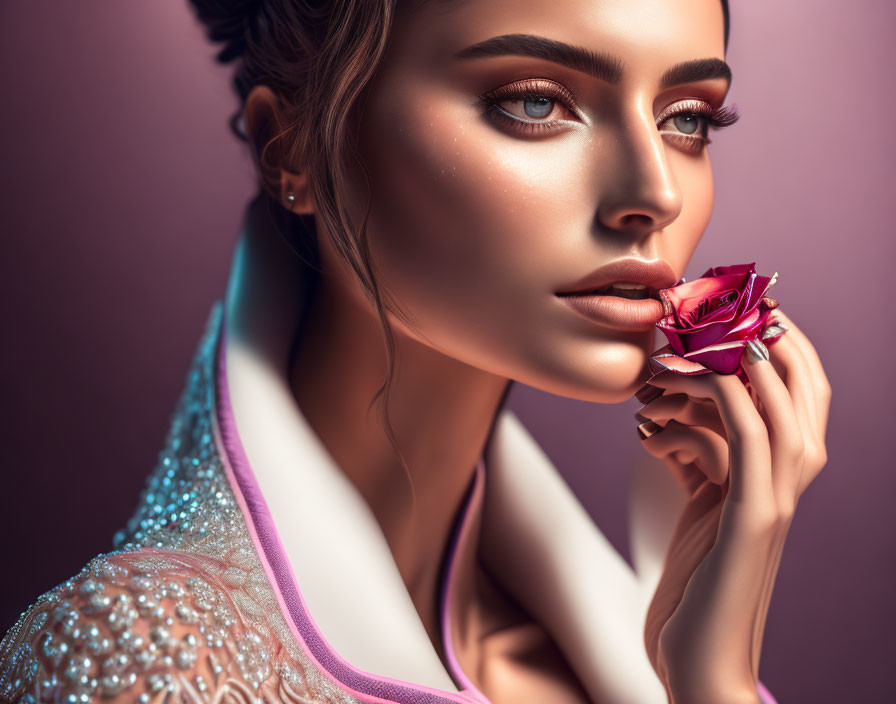 Detailed Makeup Woman Holding Rose in Bejeweled Outfit