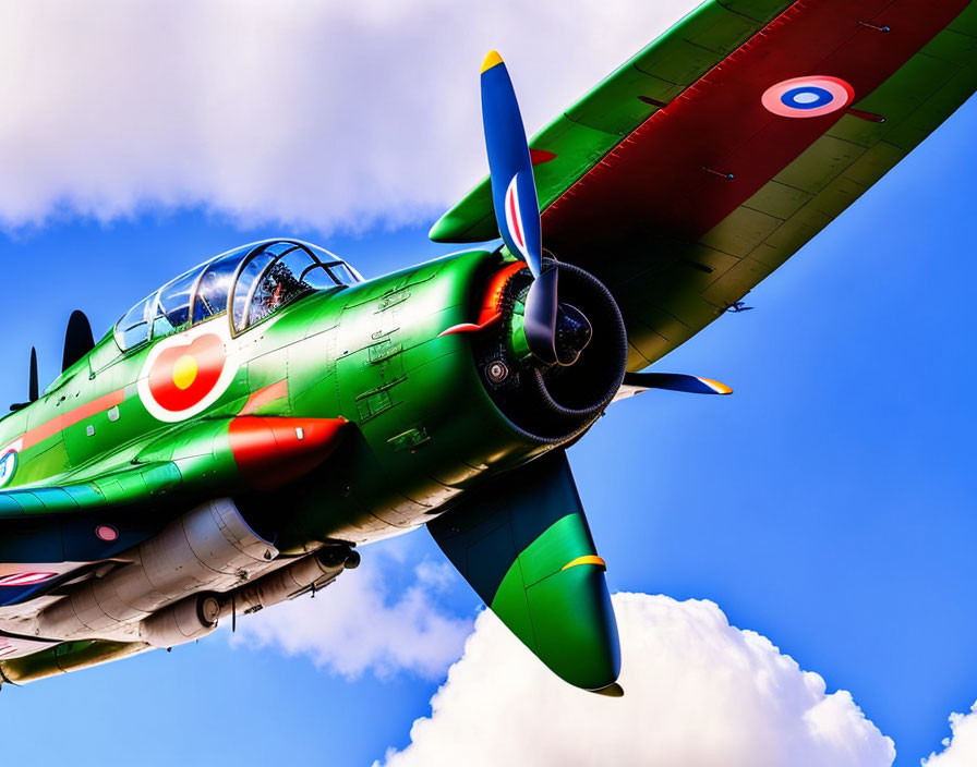 Vintage Military Aircraft with Green Fuselage and Red/White Roundels in Flight