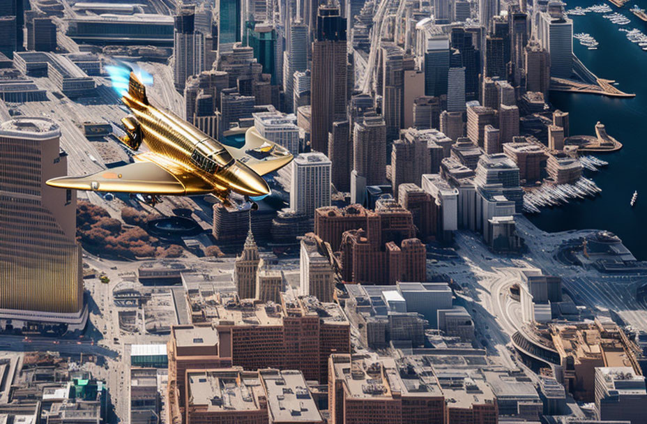 Futuristic cityscape with golden plane flying above skyscrapers