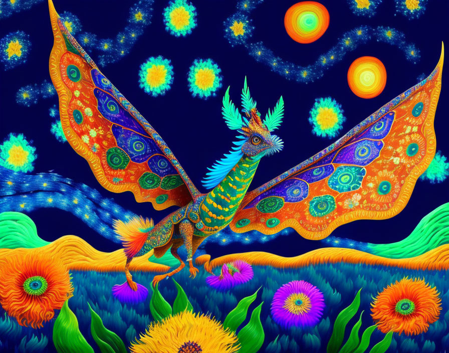 Colorful painting: Fantastical bird creature in fluorescent flower field