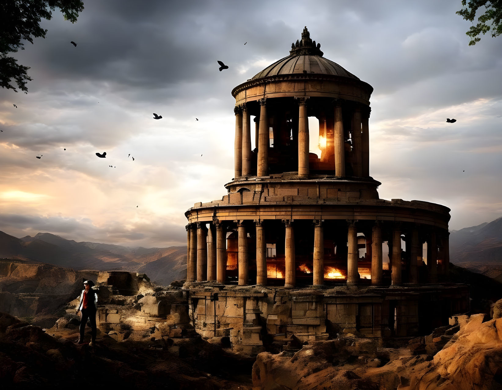 Round illuminated ancient temple on cliff at dusk with person and dramatic sky.