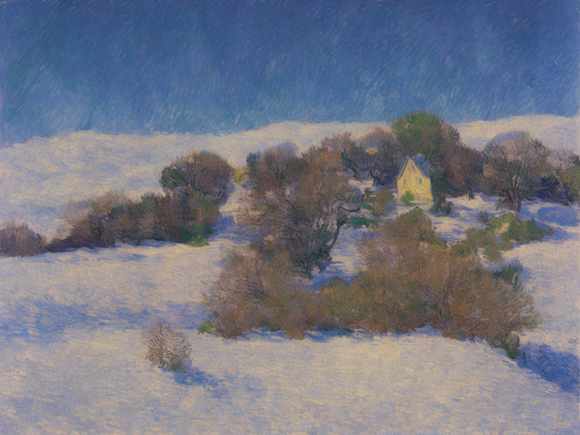 Snowy Landscape Painting with Yellow House in Impressionist Style