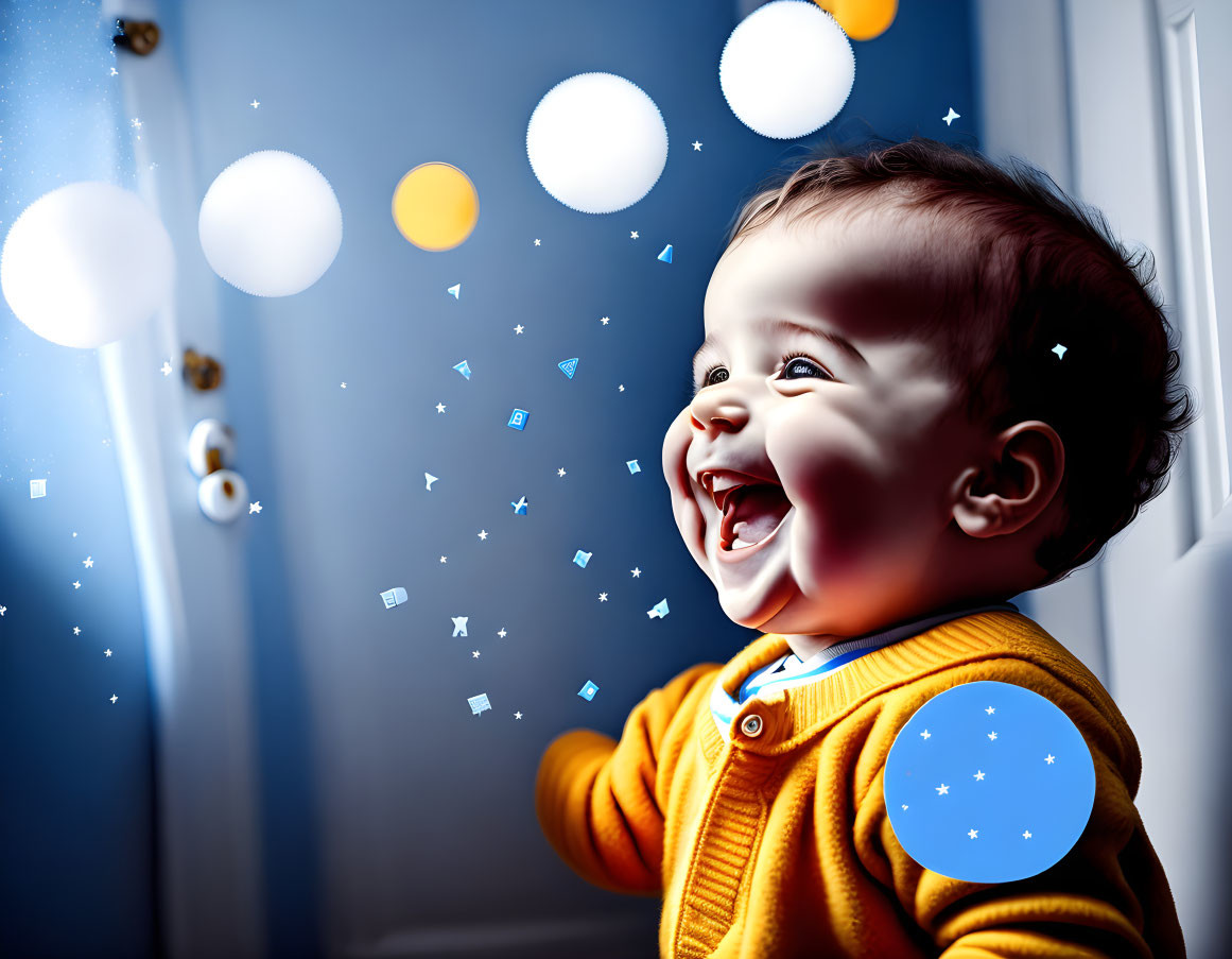 Joyful Baby in Yellow Outfit Surrounded by White Orbs and Geometric Shapes