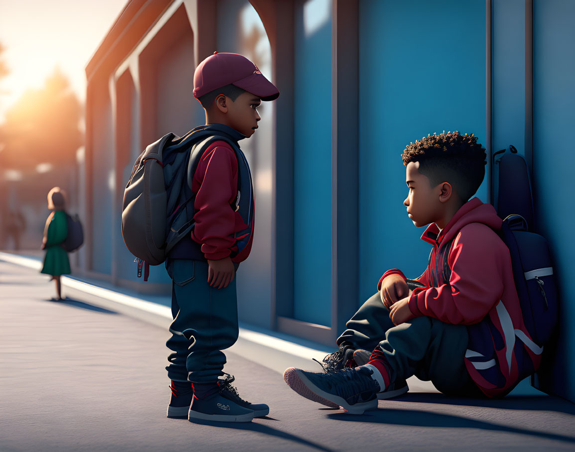 Two children at train station: one with backpack, one with untied shoes, figure passing by.