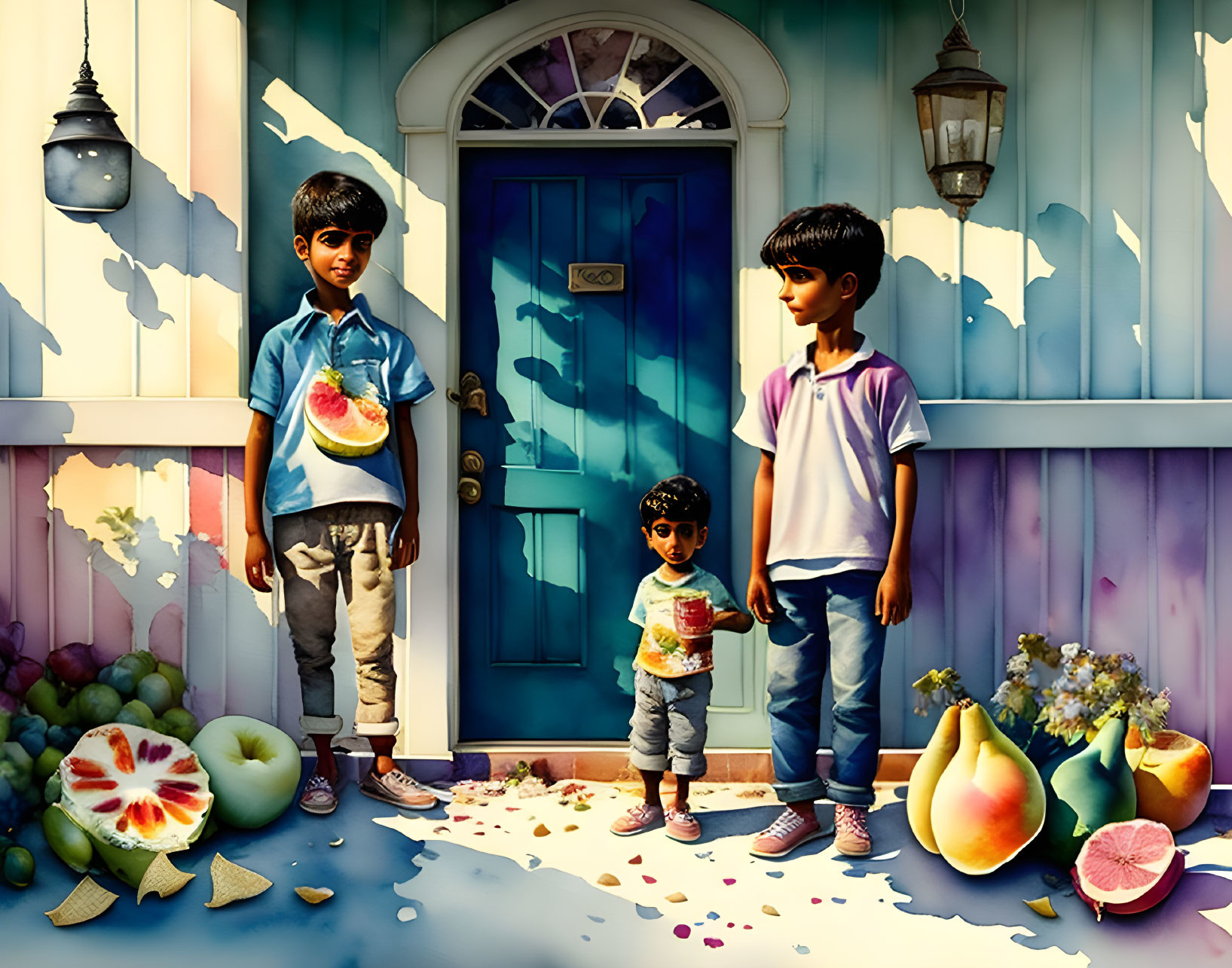 Three cartoon boys in front of colorful house with giant fruit, one holding melting ice cream