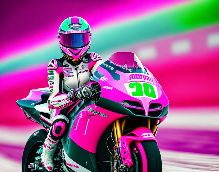 Motorcyclist in Pink and White Race Suit on Pink Motorcycle