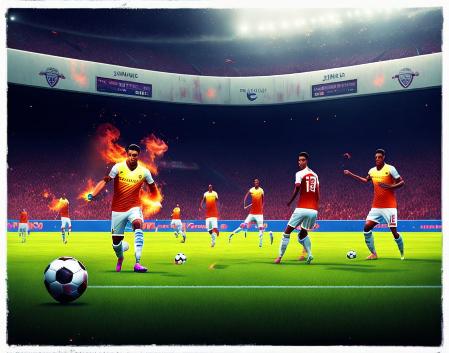 Dynamic digital artwork: Footballers on pitch under stadium sky