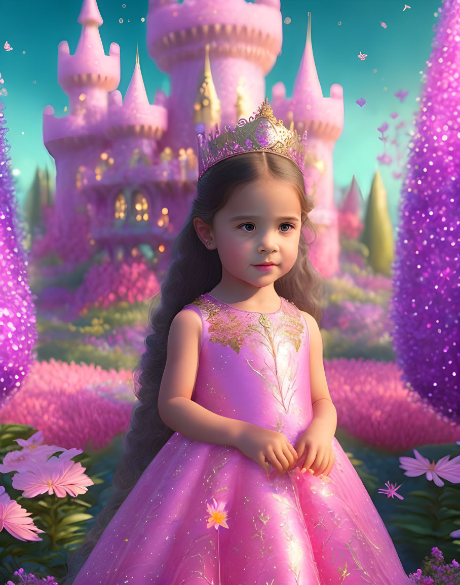 Young girl in pink princess dress at magical castle with purple flora