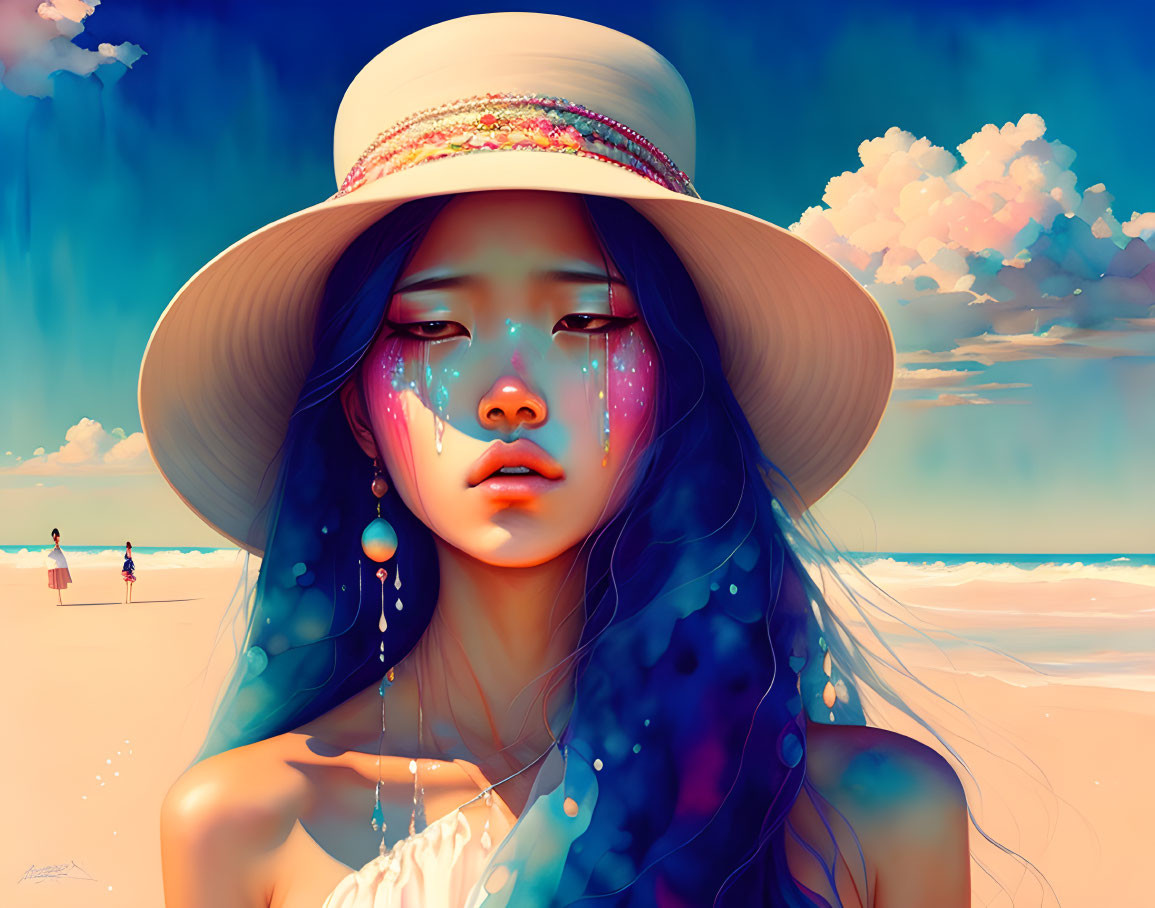 Digital art portrait: girl with teal tears, wide-brimmed hat, sunny beach background