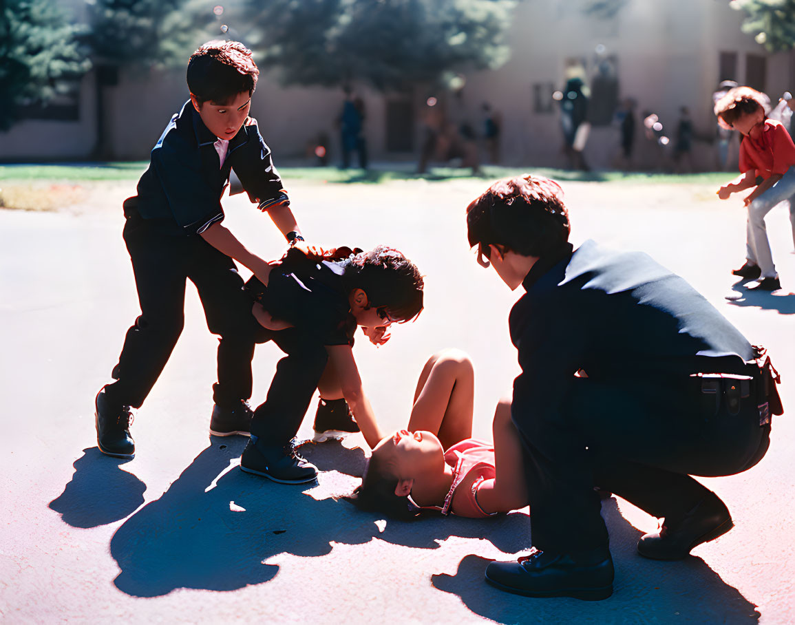 Four Boys Interaction in School Uniforms