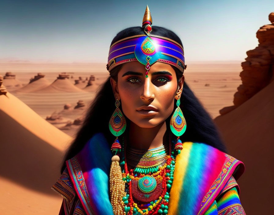 Woman adorned in ornate tribal jewelry and vibrant attire in desert setting