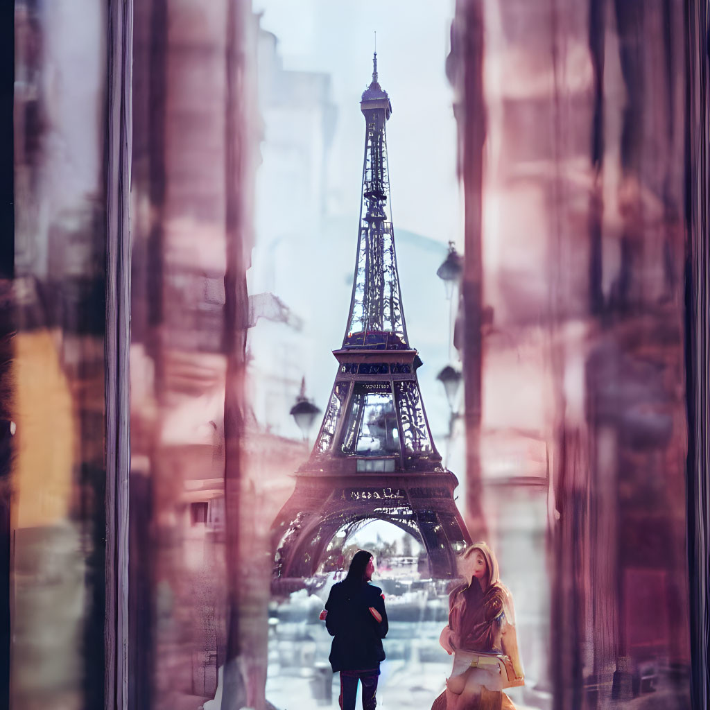 Eiffel Tower reflected in glass with silhouettes pose