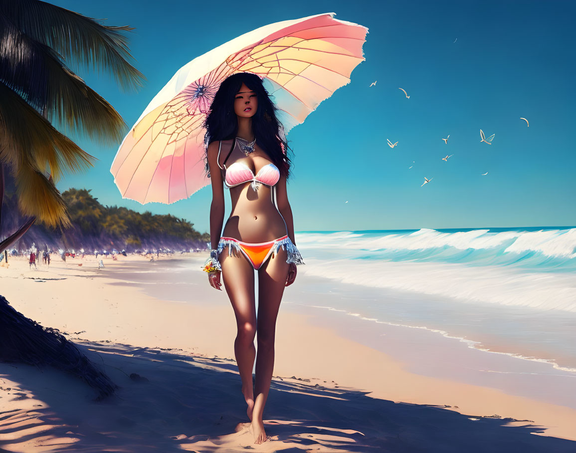 Woman in bikini with parasol on sunny beach with palm trees