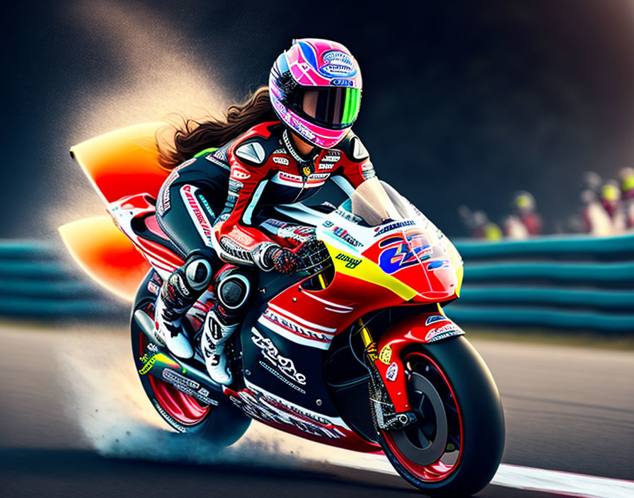 Motorbike racer in full gear leaning into fast turn on racetrack with motion blur.