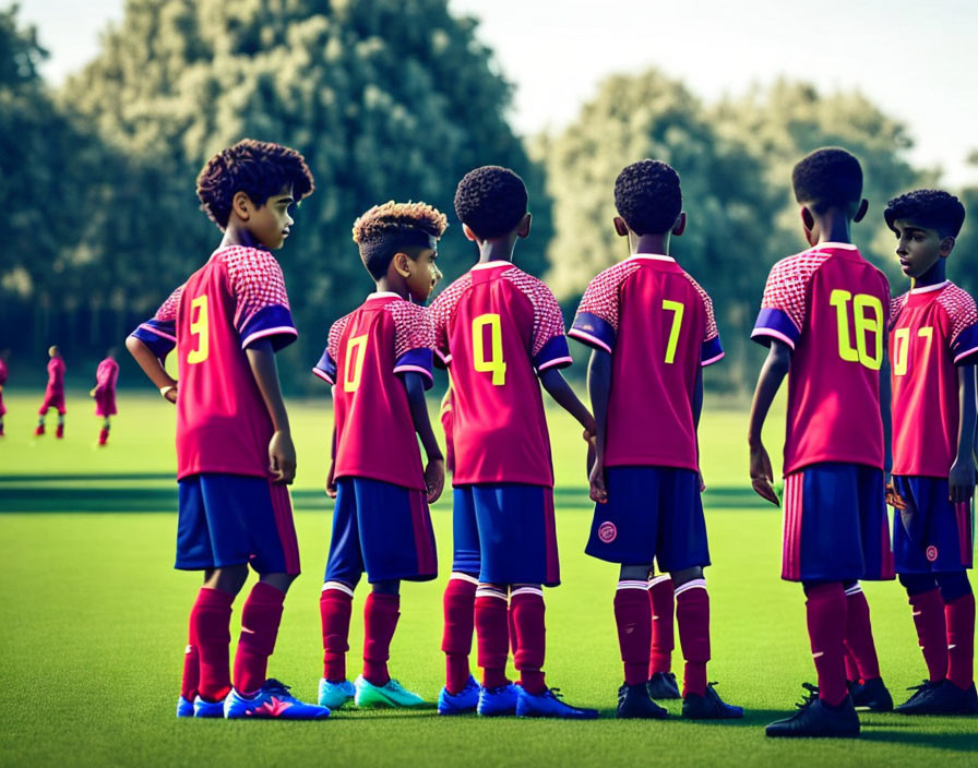 Young soccer players in red and blue uniforms on field with visible numbers