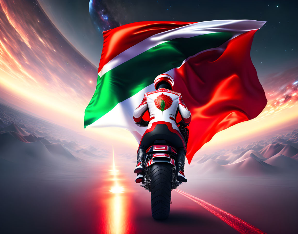 Motorcyclist with Italian flag in futuristic landscape