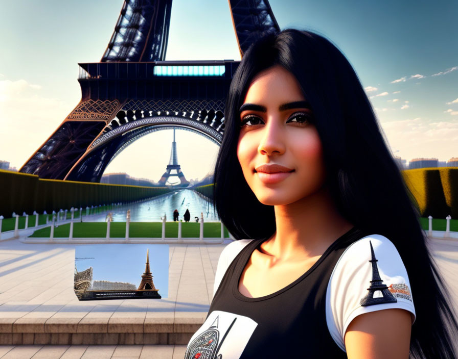 Woman posing in front of Eiffel Tower on sunny day with blue sky and neat hedges.