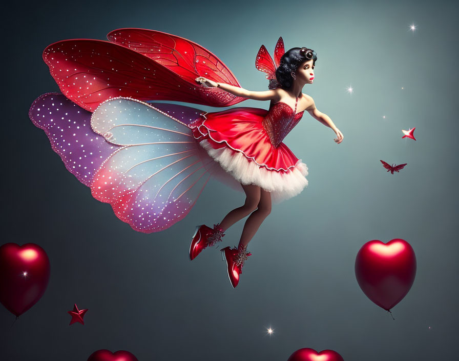 Digital artwork of woman with butterfly wings in red dress amid heart balloons on blue backdrop