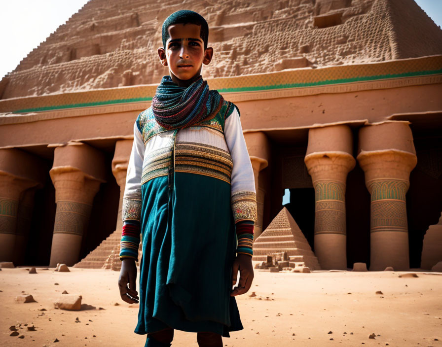 Young boy in traditional attire at ancient temple under clear sky