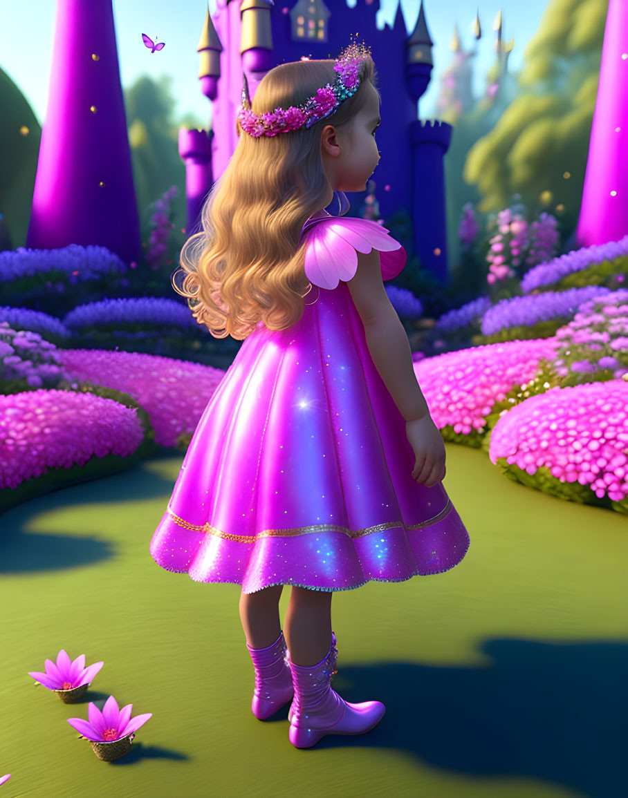 Young girl in pink dress with fairy wings in magical garden