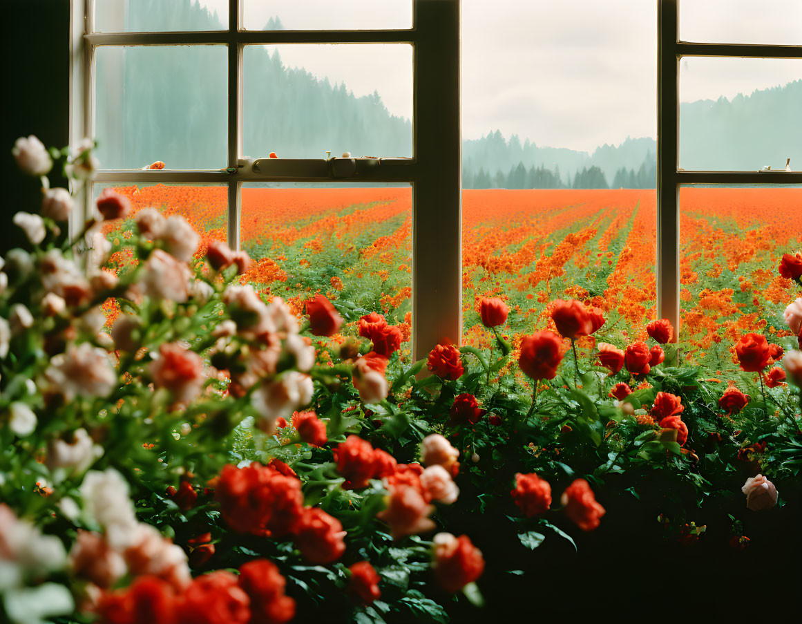 Vibrant red flowers bloom against forested hills under a cloudy sky