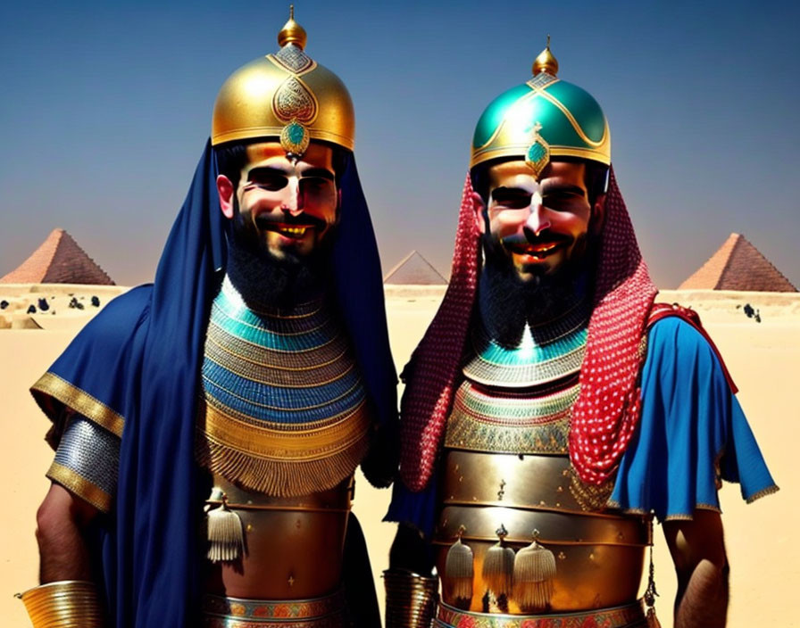 Ancient Egyptian Pharaoh Costumes with Pyramids and Sky