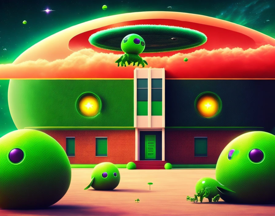 Colorful Cartoon Image: Green Aliens, UFOs, and Futuristic Building