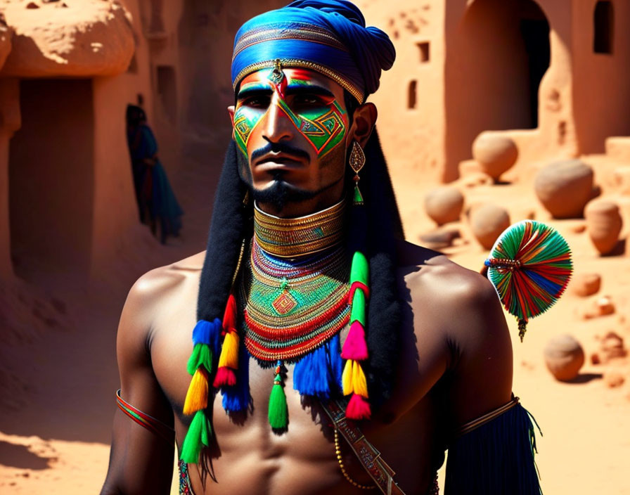 Traditional African attire man with painted face in desert setting.