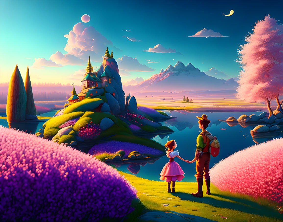 Colorful landscape with animated characters holding hands