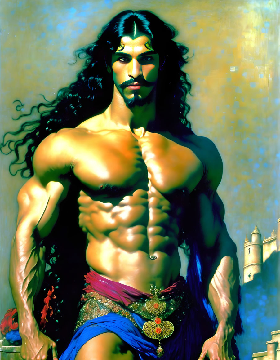 Muscular man with long hair and beard in sash and jewelry, castle backdrop