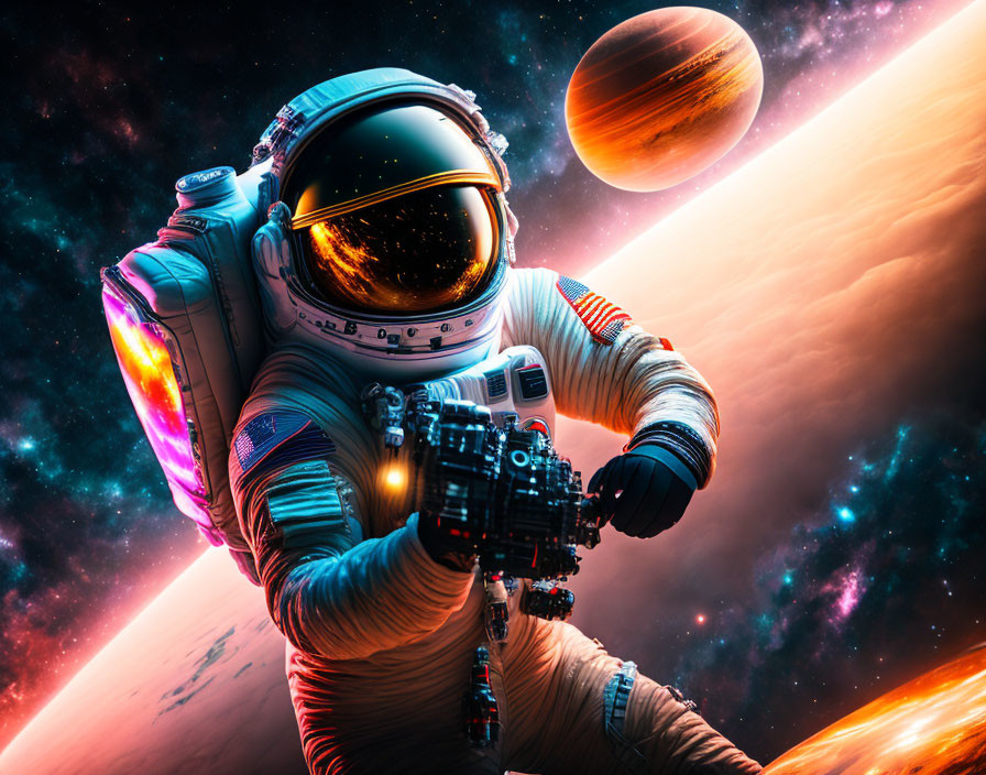 Astronaut in Spacesuit Floating in Cosmic Scene