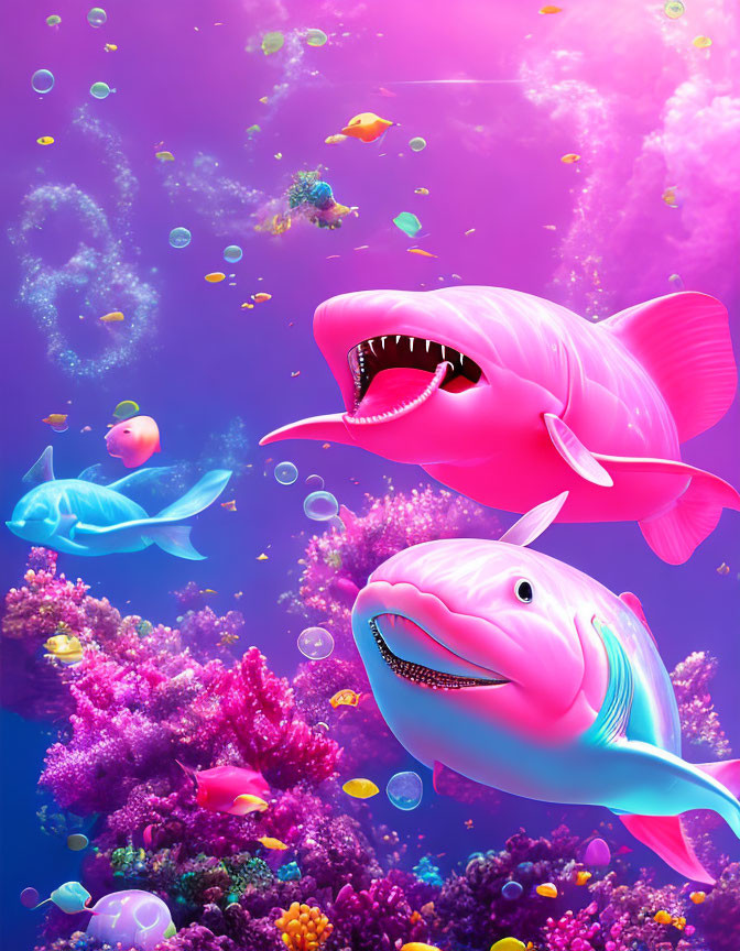 Colorful Underwater Scene with Stylized Sharks and Coral Reefs