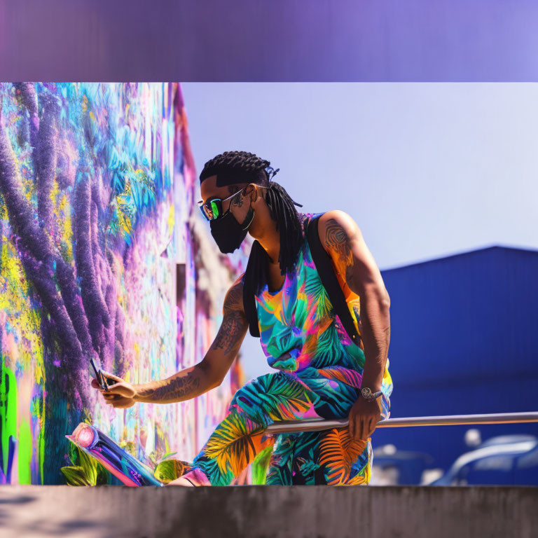 Fashionable individual with braids and sunglasses in colorful attire by graffiti wall with smartphone.