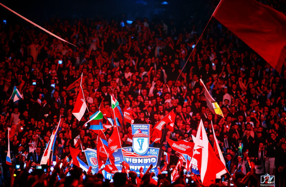 Crowd of fans waving flags with red lighting at sports event