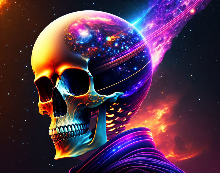 Colorful digital artwork: Human skull with cosmic galaxy theme against starry space.