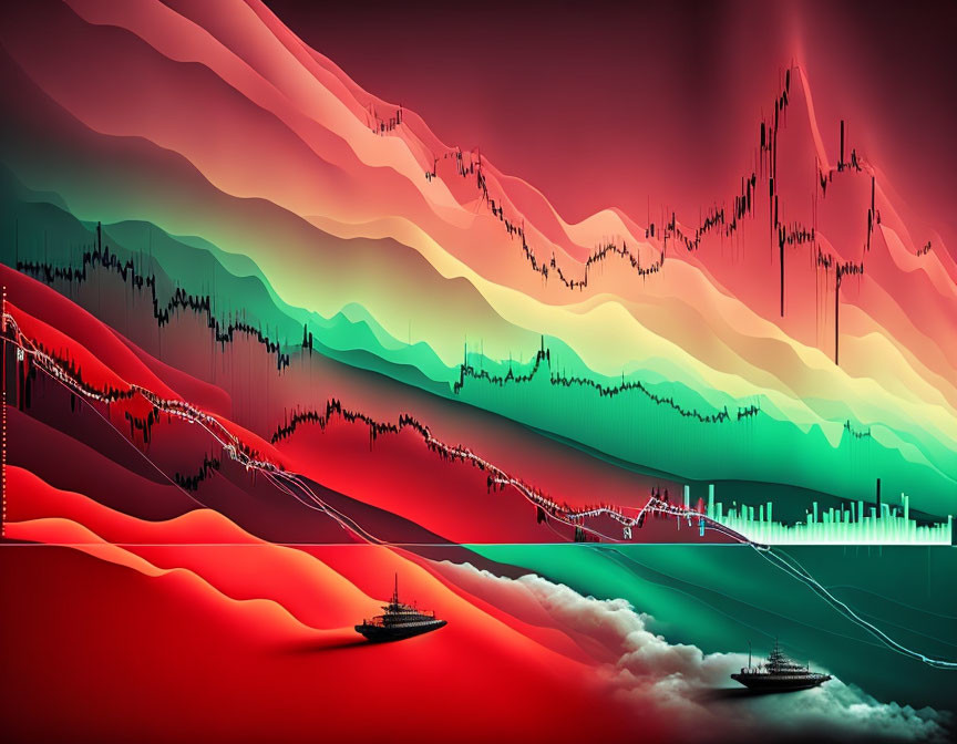 Layered Hills with Gradient, Stock Market Graphs, and Ship Silhouettes on Misty Water