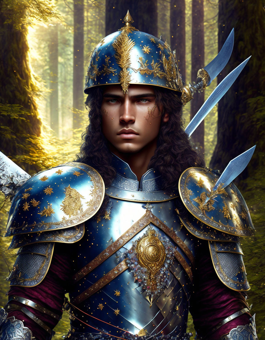 Fantasy warrior digital illustration with ornate armor in enchanted forest