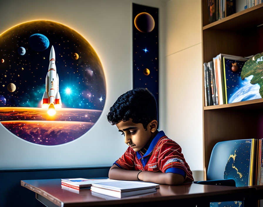 Young boy lost in thought at desk with space-themed artwork and open book