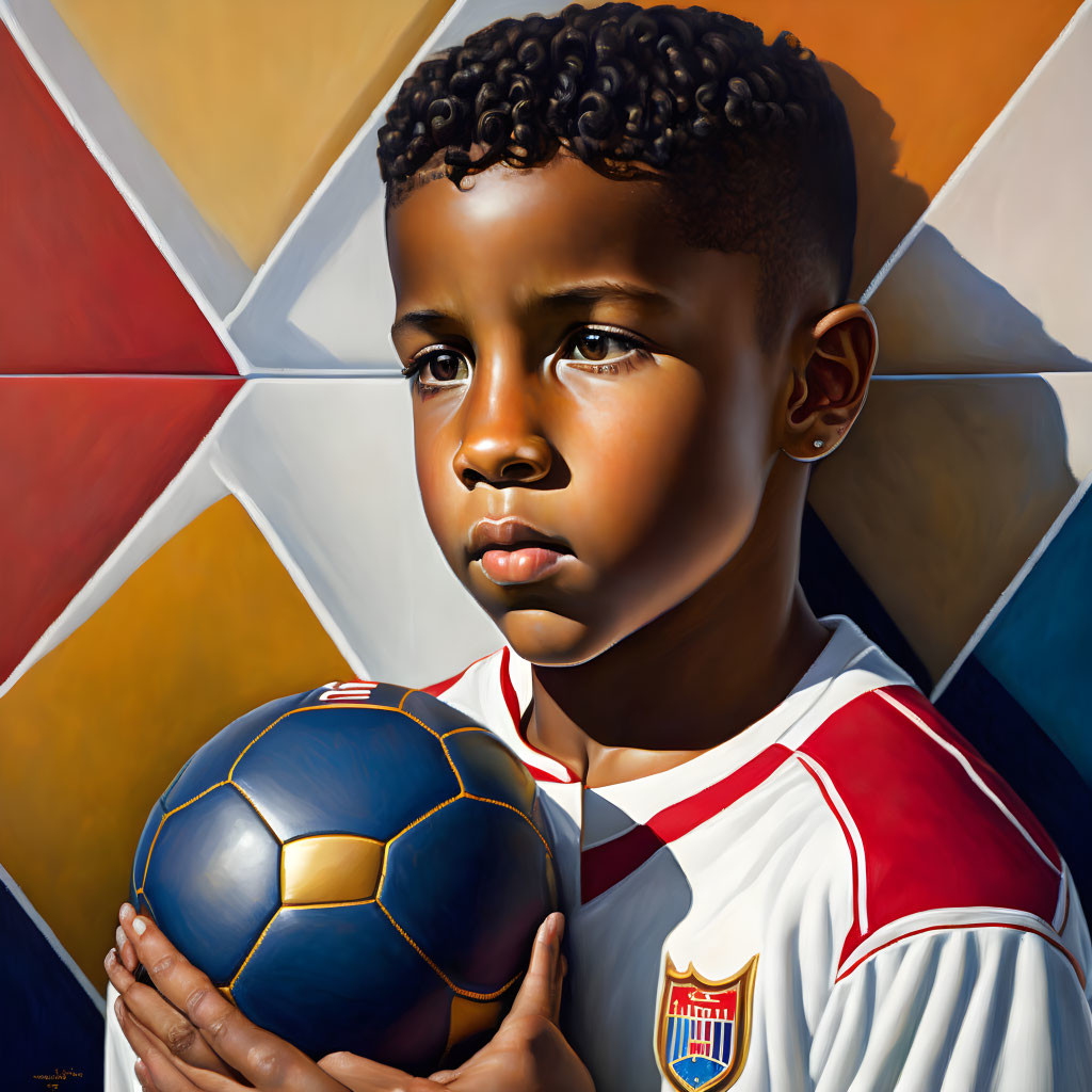 Hyperrealistic Painting: Young Boy with Soccer Ball on Colorful Geometric Background