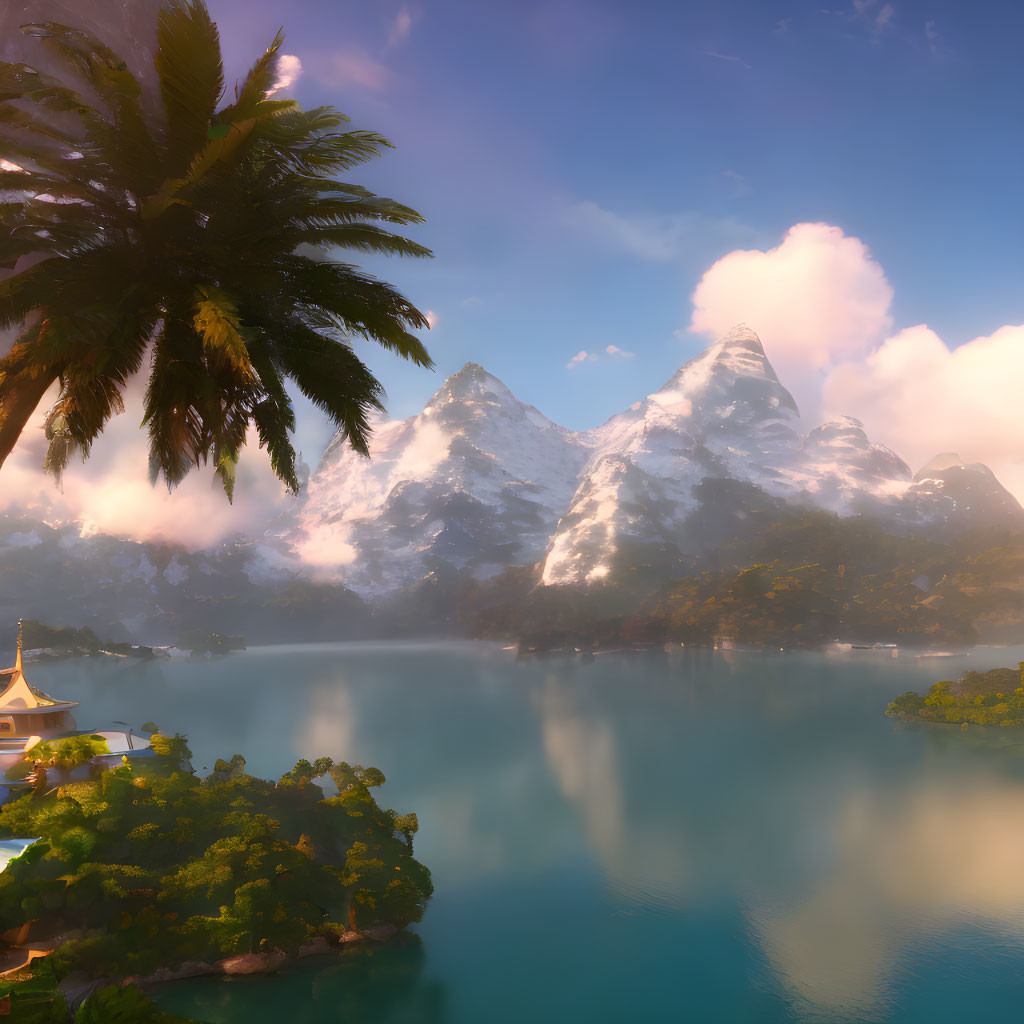 Tranquil lake, lush islands, snow-capped mountains in serene landscape