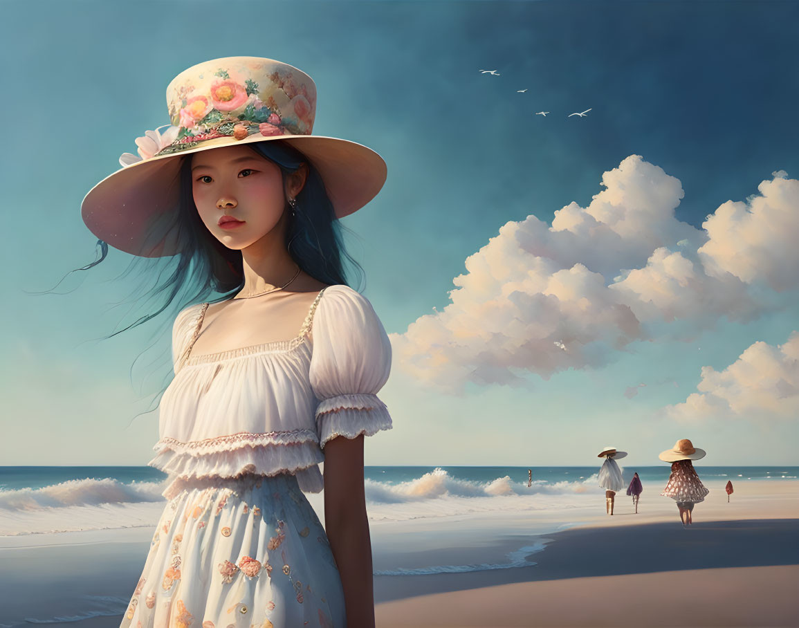 Young girl in floral hat at beach with ethereal sky and people walking.