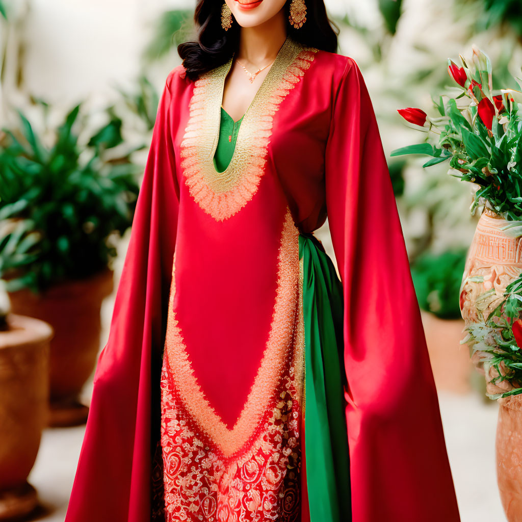 Woman in Vibrant Traditional Dress with Gold Embroidery Beside Floral Pot