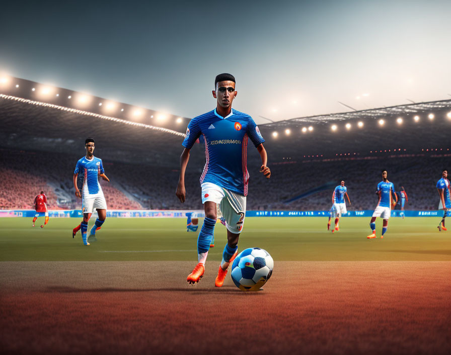 Soccer player in blue kit dribbling ball on field at sunset