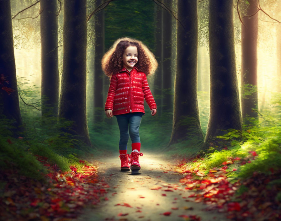 Young girl with curly hair in red jacket walks on autumn forest path