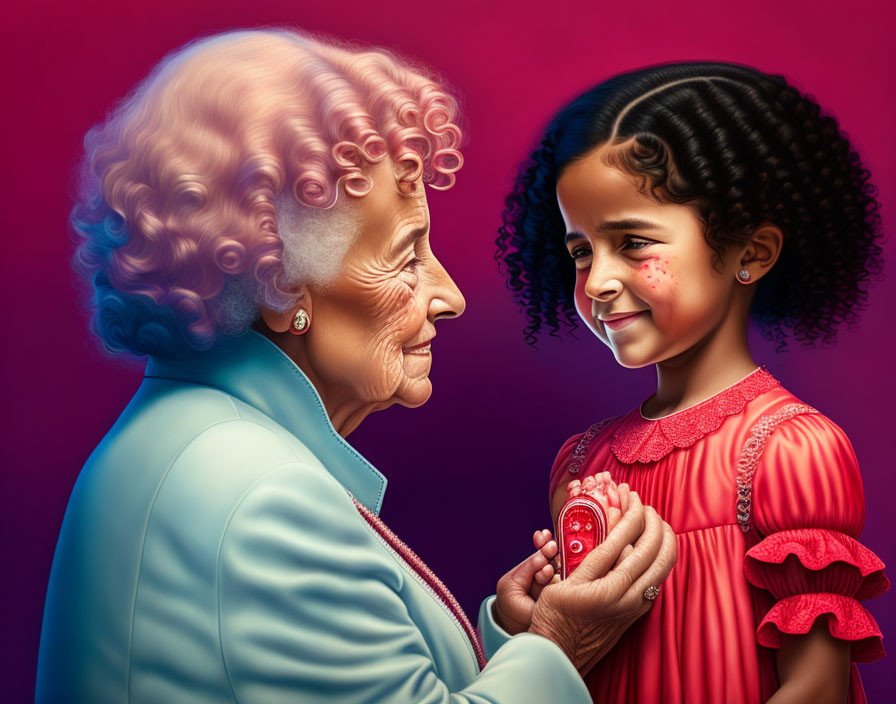 Elderly woman smiling at young girl with curly hair holding red heart-shaped object