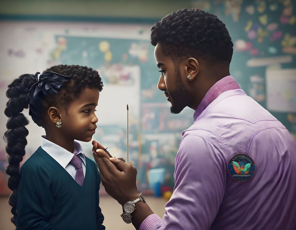 Man in purple shirt applying face paint to young girl in school uniform in colorful room