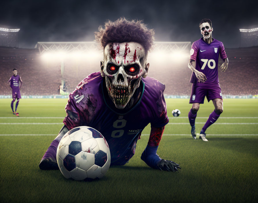 Purple jersey soccer players with skull makeup in dimly lit stadium scene